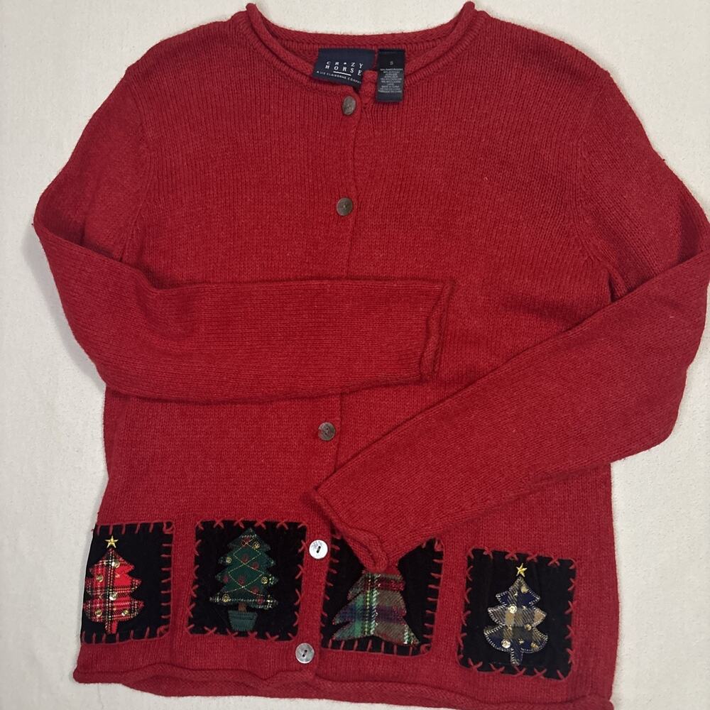 VTG Crazy Horse Claiborne Winter Sweater Sz Small Christmas Trees Buttons